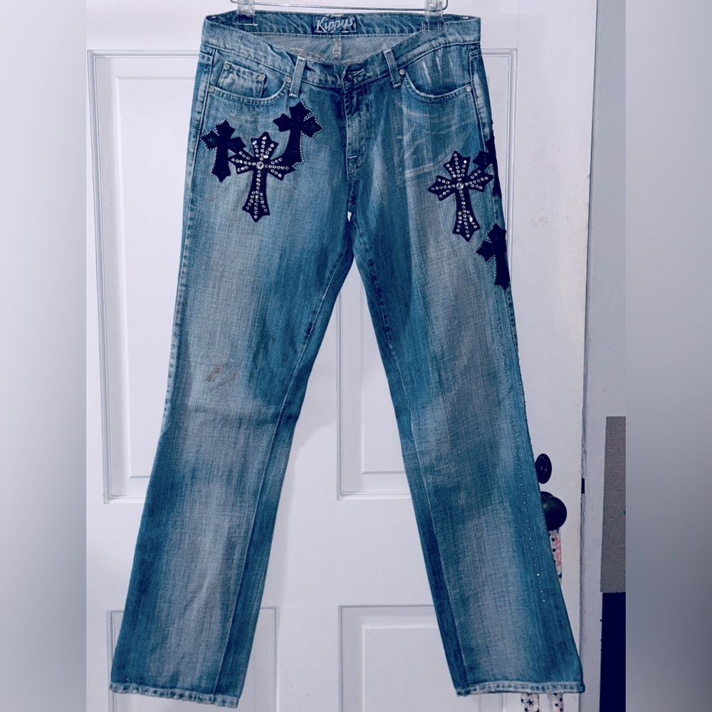 Custom Kippy’s Jeans - Black leather/Swarovski crystal accents Sz: 31W/34L